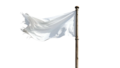 A white flag waves against a black background, its tattered edges showing wind's effect