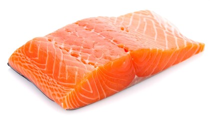 Fresh salmon fillet, vibrant orange-pink hue, isolated on white