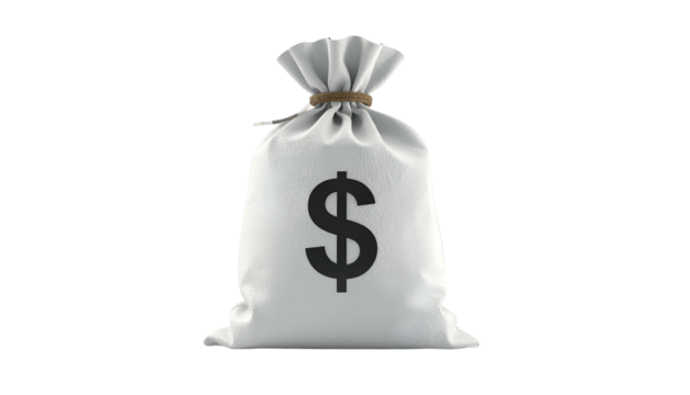 White sack tied with a brown rope, large dollar symbol printed on front, isolated on black
