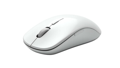A sleek, white wireless computer mouse with a scroll wheel and button, set against black