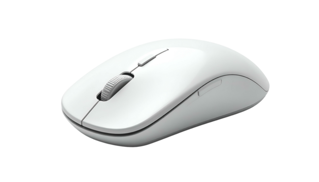 A sleek, white wireless computer mouse with a scroll wheel and button, set against black