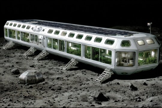 Innovative eco-habitat structure designed for lunar adaptation showcasing advanced technology and sustainable living on the moon featuring integrated green spaces for extraterrestrial