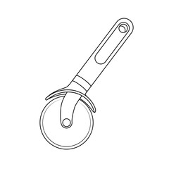Simple line art of a pizza cutter. Minimalist black and white kitchen utensil illustration, perfect for cooking guides, recipe books, and restaurant design.