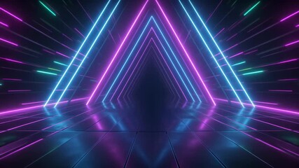 Futuristic neon tunnel abstract background with glowing triangular perspective and reflective floor video - Powered by Adobe