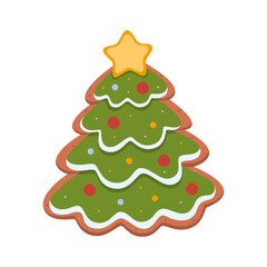 Cute Christmas tree shaped cookie decorated with green icing, colorful sprinkles, and a yellow star. Perfect for holiday cards, baking ads, and festive designs.