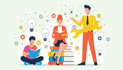 Fototapeta premium Vector art of diverse group of people engaged in learning and problemsolving, symbolizing education, innovation, and teamwork
