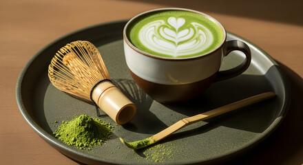 Matcha Latte Art with Bamboo Whisk and Spoon on Tray.