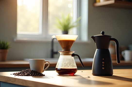 Pour-over coffee setup on sunlit kitchen counter