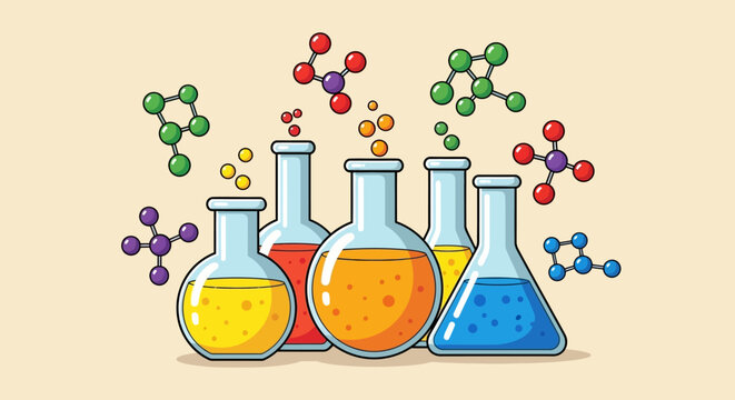 Colorful Chemistry Experiment Illustration with Molecules and Laboratory Glassware