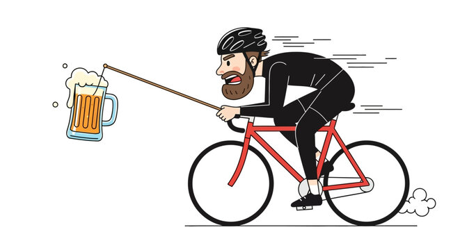 Humorous depiction of a cyclist motivated by beer a funny illustration about reward