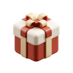 3D gift box with a ribbon and bow.  A square gift box, light beige/cream top and reddish-brown bottom, is presented in a 3D style.  A tan ribbon with a bow decorates the box