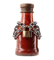 A small glass bottle of red sauce, tightly bound by a metal chain and padlock