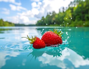 Fresh strawberries splash into turquoise water, surrounded by nature