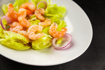 Shrimp salad seafood tasty snack fresh delicious gourmet food background on the table rustic top view copy space keto and paleo diet vegetarian food pescetarian diet