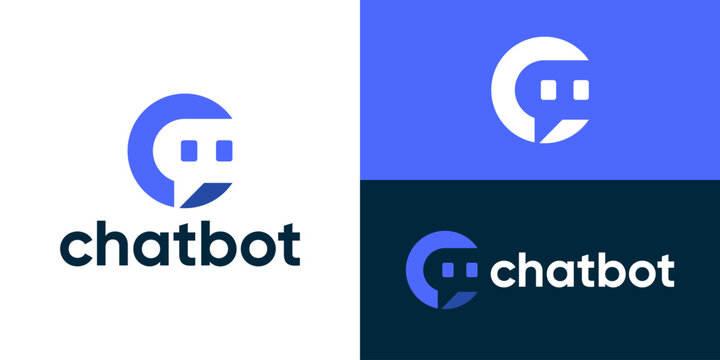 Creative simple chat bot logo template. Letter C with bot and bubble chat logo design vector illustration.