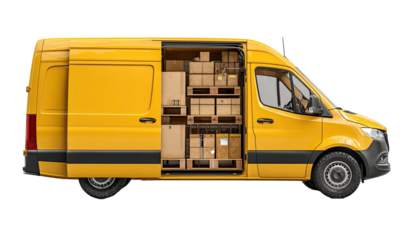 Yellow delivery van, open side doors, loaded with cargo