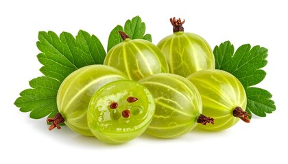 Fresh, translucent green gooseberries with leaves