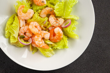 Shrimp salad seafood tasty snack fresh delicious gourmet food background on the table rustic top view copy space keto and paleo diet vegetarian food pescetarian diet