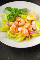 Shrimp salad seafood tasty snack fresh delicious gourmet food background on the table rustic top view copy space keto and paleo diet vegetarian food pescetarian diet
