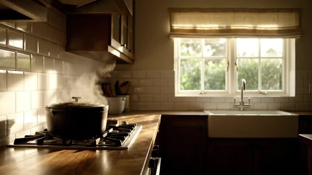 Steaming pot on a gas stove in a sunlit kitchen with subway tile
