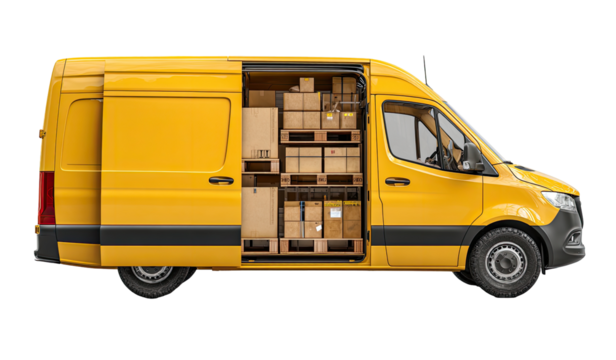 Yellow delivery van, open side doors, loaded with cargo - Powered by Adobe