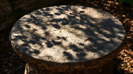 Fototapeta premium A rustic stone table with a natural, rough rock texture, bathed in dappled sunlight and shadows cast by overhead leaves. The scene features an earthy and organic color palette.
