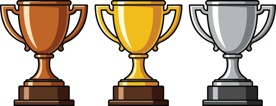 Bronze, Gold, and Silver Trophies Standing in a Row Isolated on White Background