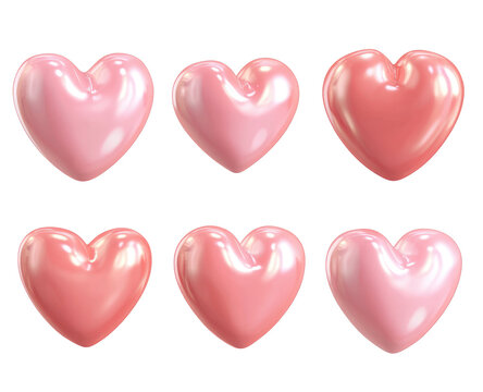 Six glossy, light-pink hearts arranged in a two-row grid.  Each heart exhibits a subtle gradient, ranging from a paler to a deeper shade of pinkish-coral.  