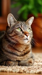 Fototapeta premium British shorthair cat calmly gazes while resting indoors on a soft surface