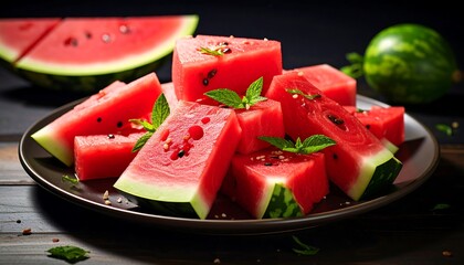 Fresh watermelon slices on dark plate
