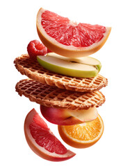 Stacked waffles with vibrant fruit slices