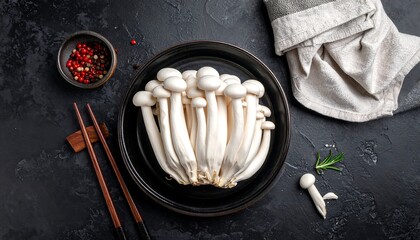 Fresh white mushrooms on dark plate