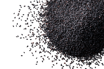 Dark, finely textured seeds, seemingly scattered, against a black background