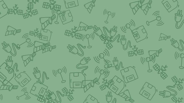 Seamless animated doodle pattern with technology icons including satellites, plugs, floppy disks, and wireless signals, ideal for backgrounds, presentations, and digital projects.