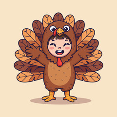 Happy Child in Turkey Costume Celebrating Thanksgiving. illustration