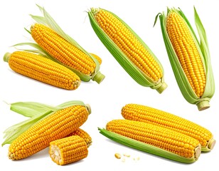 Fresh yellow corn cobs, whole and cut, with vibrant green leaves