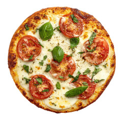 Round pizza topped with slices of tomato, mozzarella cheese, and fresh basil