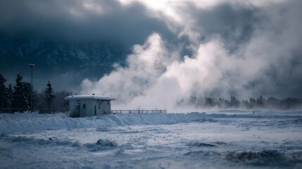A winter scene with a small industrial building releasing steam in a snowy remote landscape under a dramatic sky