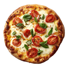 Round pizza topped with mozzarella, cherry tomatoes, and fresh basil
