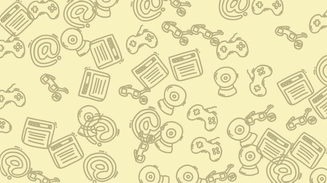 Seamless animated doodle pattern with technology and internet symbols like game controllers, webcams, VR, and email icons, perfect for digital projects, web backgrounds, and media design.