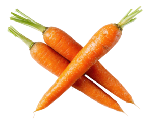 Three fresh, orange carrots, crossed in an X shape, against a pure black background.  Healthy, vibrant produce, exhibiting smooth skin and leafy tops