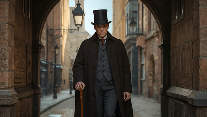 Naklejka premium Dapper Man Strolling Through a Timeless Urban Passage