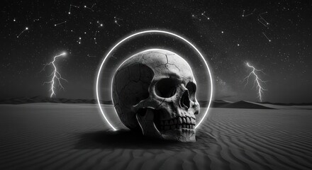 Monochrome skull in desert landscape with lightning and halo under starry night sky.