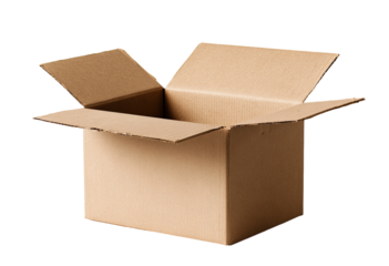 Open cardboard box on black background. Empty, light brown, rectangular box with flaps open, showing interior. Simple, neutral presentation