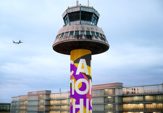 Circular mockup in Barcelona Airport Tower at Dusk