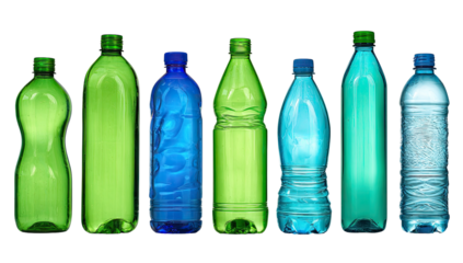 Row of various plastic bottles in different colors