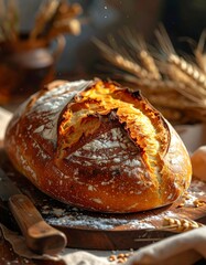 Freshly baked artisan loaf of bread on wooden board