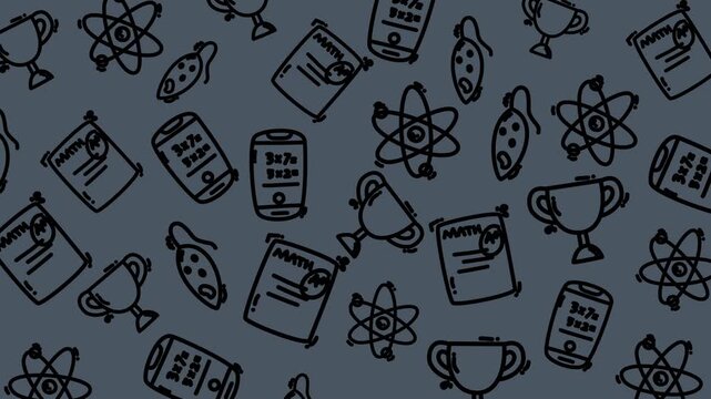 Animated seamless pattern with hand-drawn science icons including books, atoms, trophies, and rockets on a dark background, perfect for education and learning themes