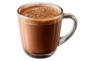 Obraz premium A clear glass mug filled with a rich, dark chocolate-colored beverage. Foamy, textured top