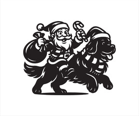Fototapeta premium Santa Claus Riding Newfoundland Dog Vector – Funny Christmas Cartoon Illustration, Santa with Candy Cane and Gift Bag